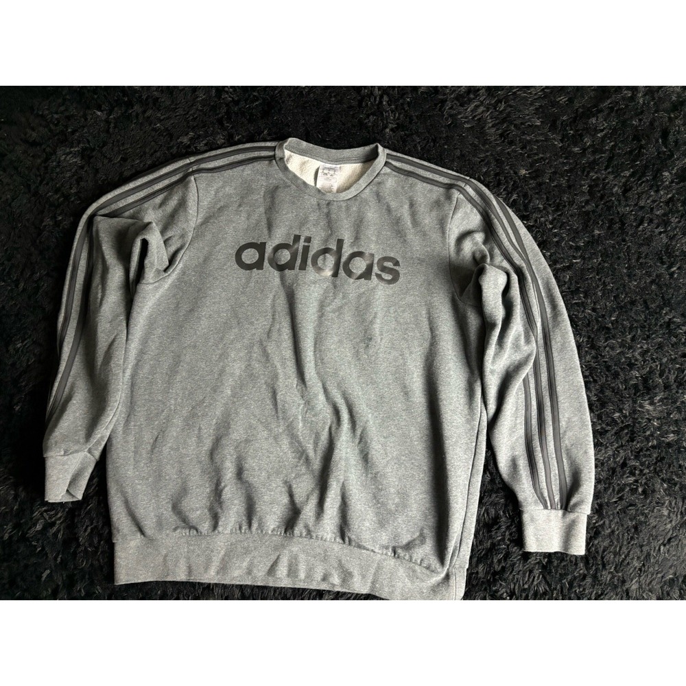 Adidas Sweater Men's Size XL Gray 3 Black Stripe Logo Spell Out Pullover